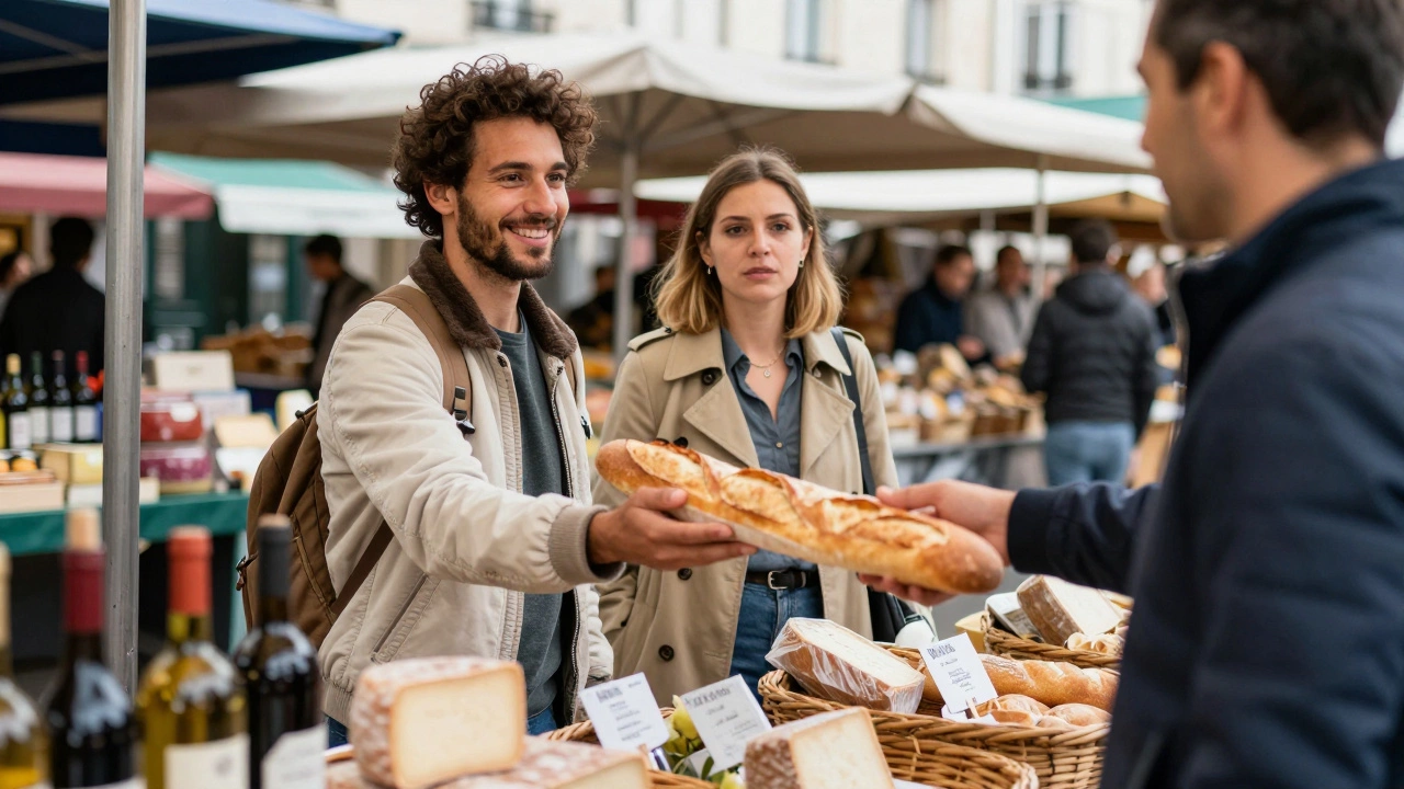 A traveler receiving a baguette from a market vendor in Paris, with a watchful woman in the background.