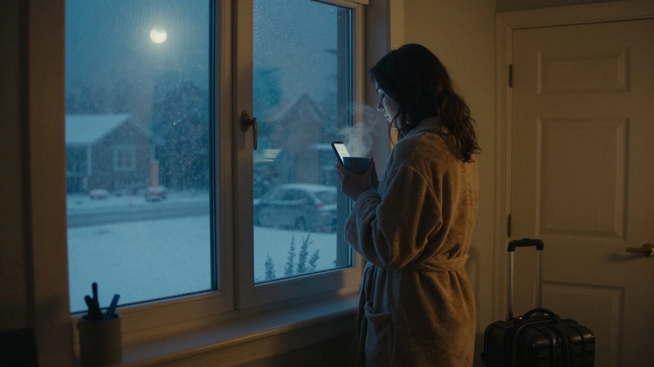 A woman gazes out a fogged window at 3 a.m., phone glowing with unread messages, snow falling outside.