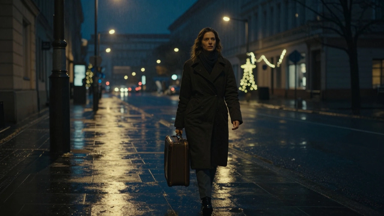 A woman walks alone through a rainy Berlin night, suitcase in hand, Christmas lights glowing in the distance.
