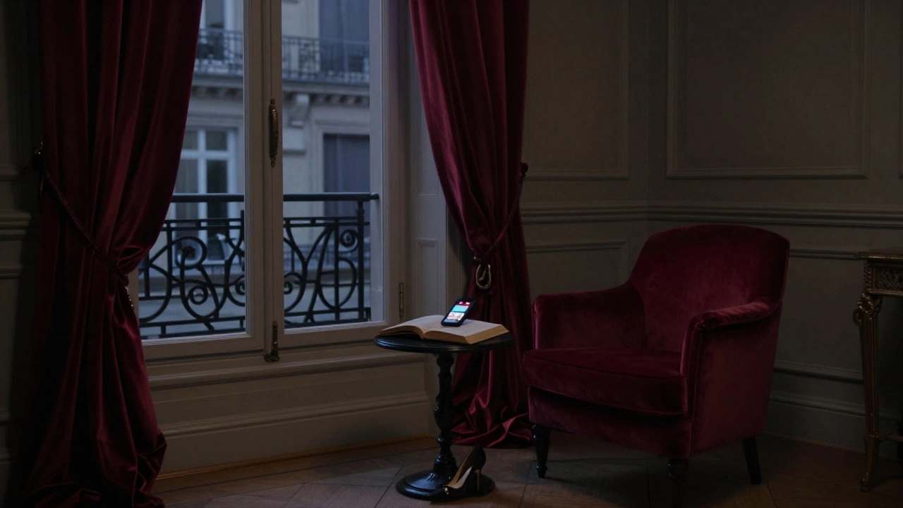 An empty, elegant Paris apartment at twilight with a single shoe and glowing phone.